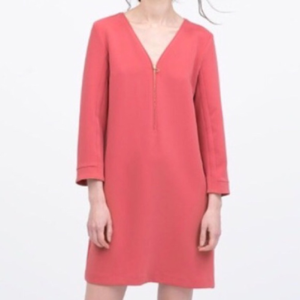 Zara coral-pink midi shift dress Sz medium